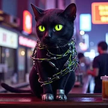 Masterpiece, 4k, 8k, high quality, highly detailed, concept art, A cyberneticly enhanced cat, glowing neon green eyes, cables on back, robotics, one paw is metalic, looking at view