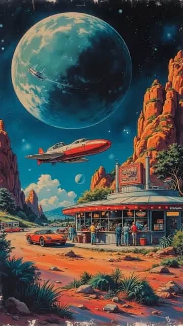 a sci fi image,retro scifi,50th style a diner on a asteroid,flying cars ,dynamic lights,in space,very colourful,4k,intricate details