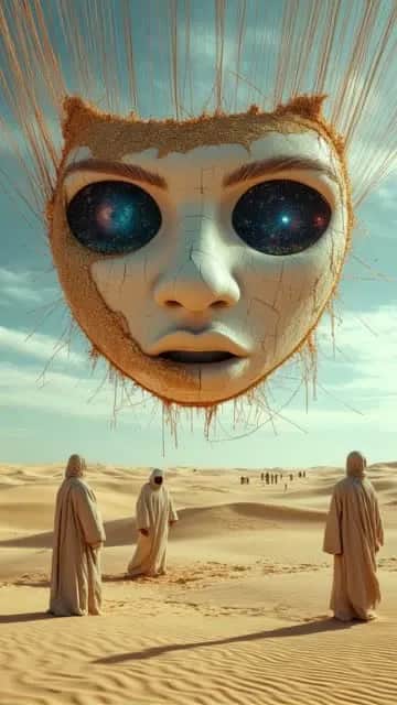 In the middle of an endless desert, a massive human face made of cracked porcelain lies half-buried in the sand. Its eyes slowly open, revealing swirling galaxies inside. Around it