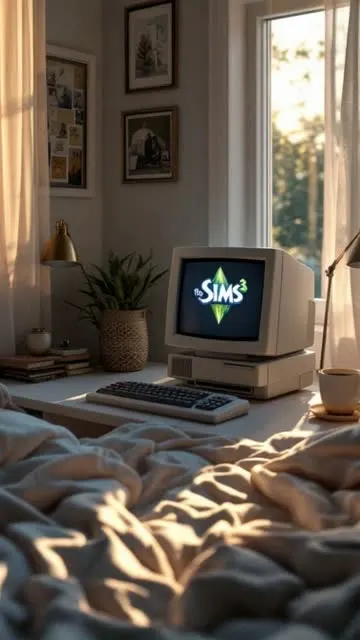 The computer screen changes to a loading screen, the coffee is steaming, it's a peaceful room, subtle movements, nostalgic