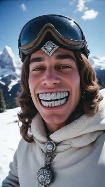 the snoboarder is happy smiling wide he turns away from the camera and snowboards away spraying the camera with snow