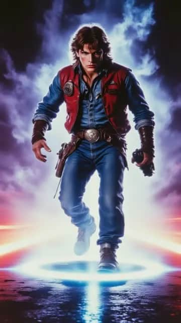 The man was sent from the future and the electric vapor behind him glows and moves as he walks. towards the camera