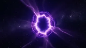 an abstract cosmic portal of pure neon energy, glowing violet and indigo, surrounded by a faint star-field on a deep-space backdrop. camera: slow push-in toward the portal, very sl