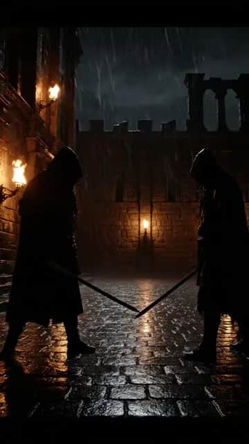 Wide cinematic shot of an ancient stone courtyard at night. Rain pours heavily, torches flicker against the dark walls, and thunder rumbles in the sky. Two lone warriors stand acro