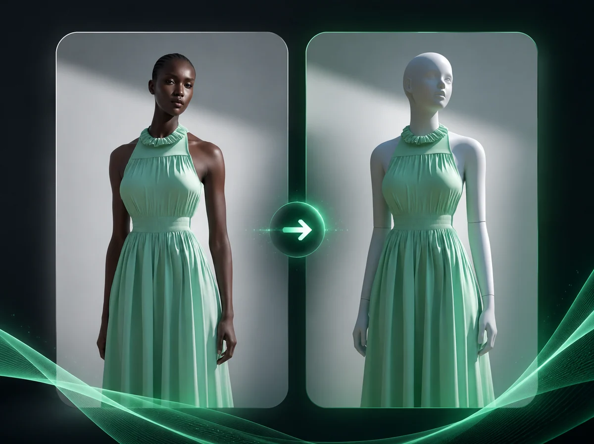 AI Mannequin Generator — model photo converted into a clean ghost mannequin display