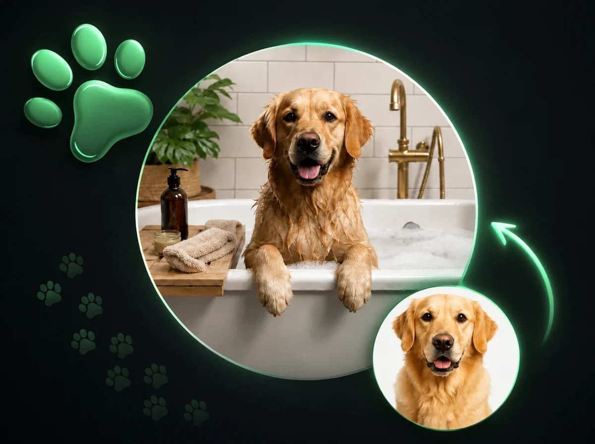 AI pet portrait generator turning one pet photo into a cinematic storybook scene
