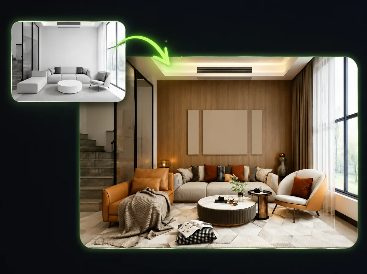 AI room planner transforming a photo of a room into a redesigned interior