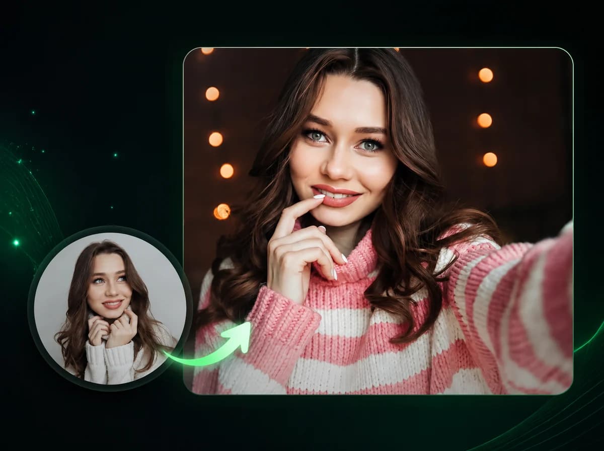 AI selfie generator transforming a portrait into a wide-angle iPhone-style selfie
