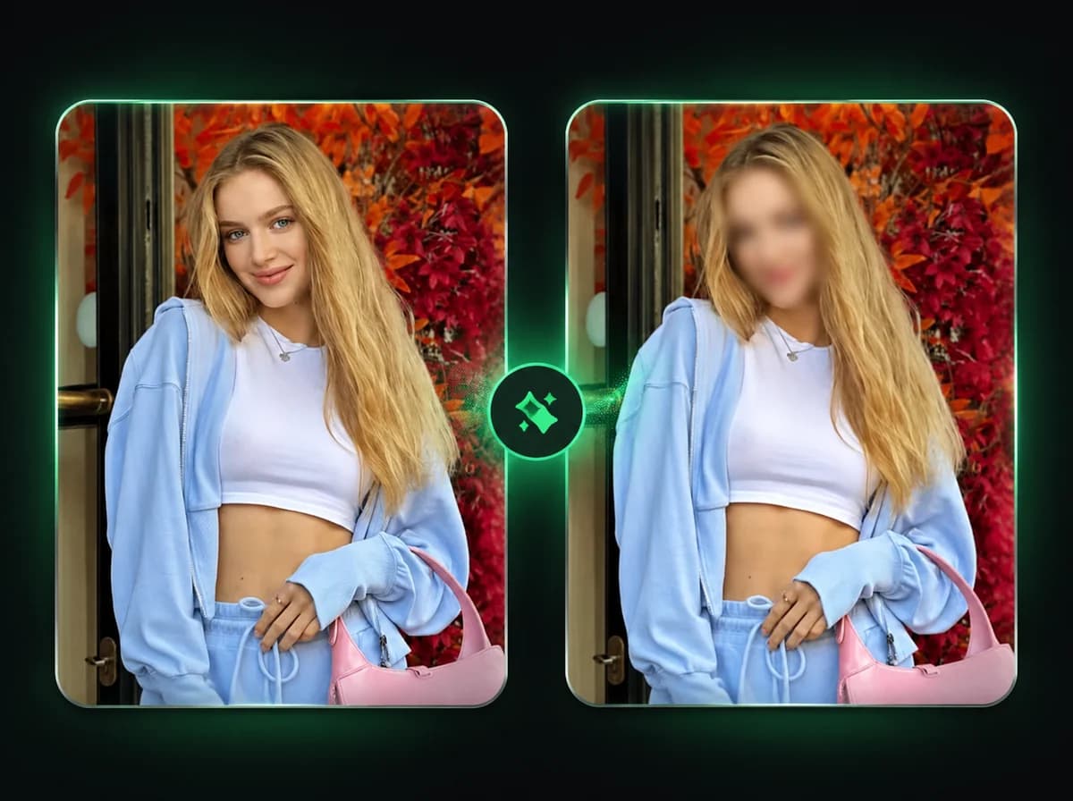 AI Image Face Blur poster showing a portrait changed into a privacy-safe version with the face blurred