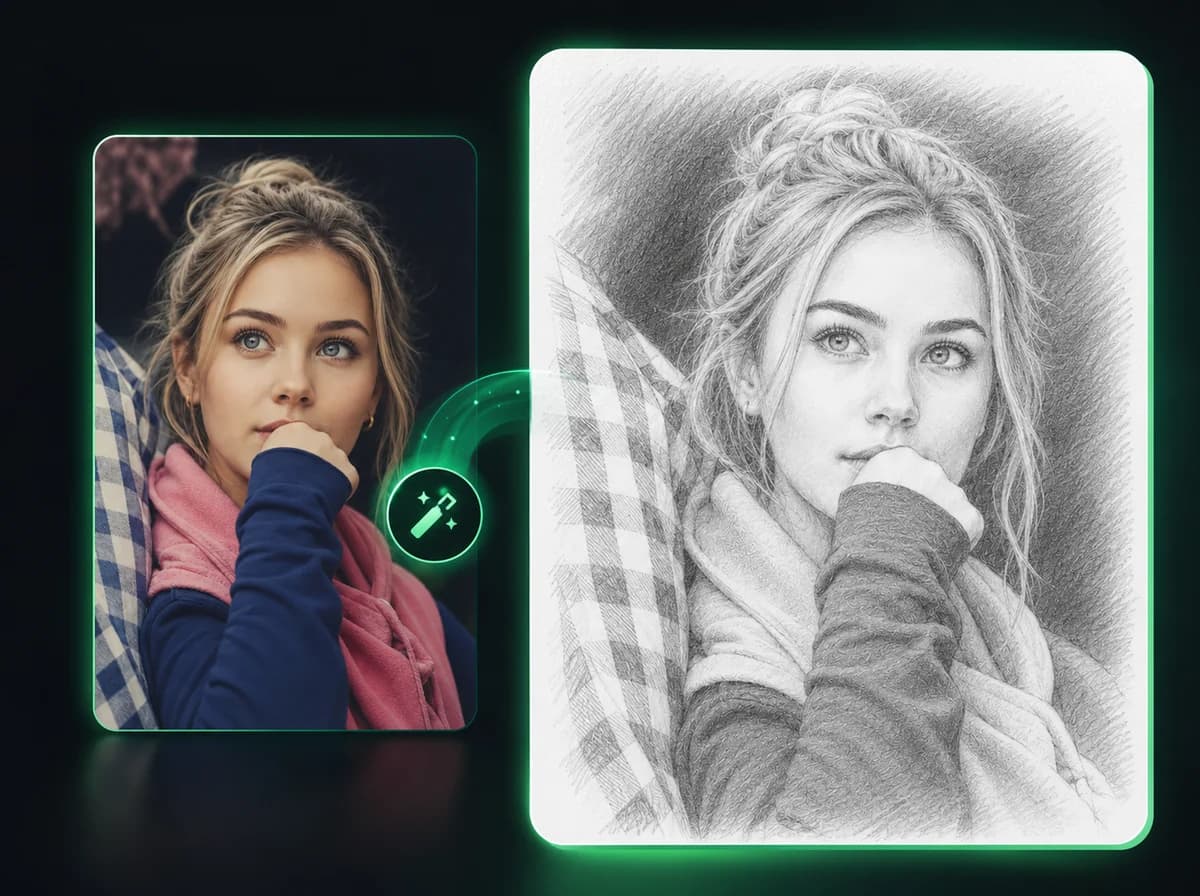 Conversor de imagem para esboço com IA a transformar uma fotografia num desenho a lápis feito à mão
