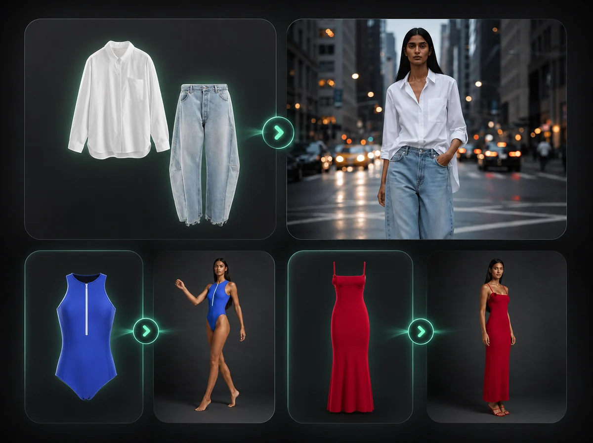AI Virtual Try-On -- Produktfoto und Modelfoto zu einer realistischen Outfit-Vorschau kombiniert