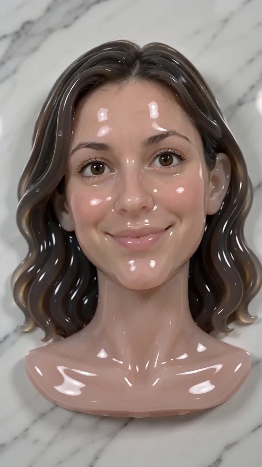AI slime video: a young woman's face as pink translucent slime on a marble counter, pressed and stretched by two hands