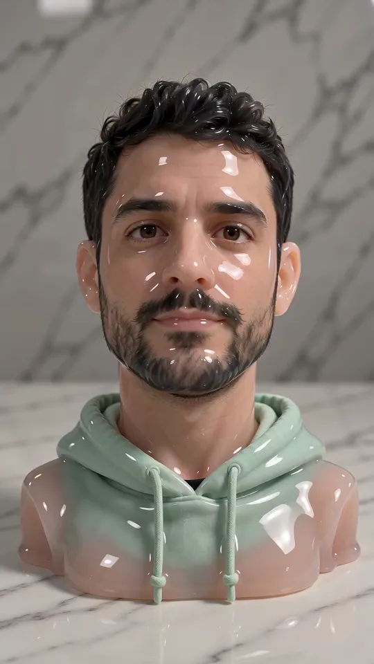 AI slime ASMR video: a bearded man's face sculpted in mint green slime, squished by hands with wet squish sounds