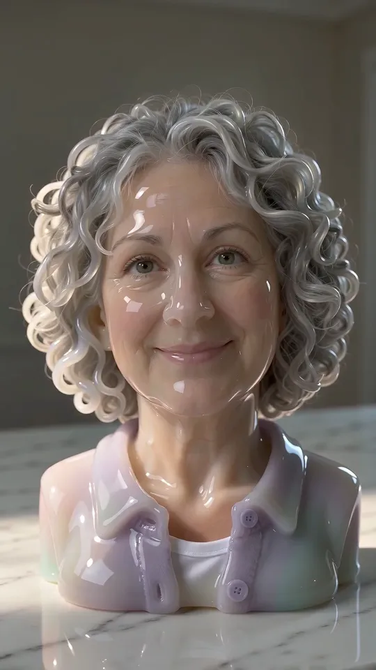 Slime face AI video: an older woman with grey curls rendered as lavender slime and kneaded by two hands