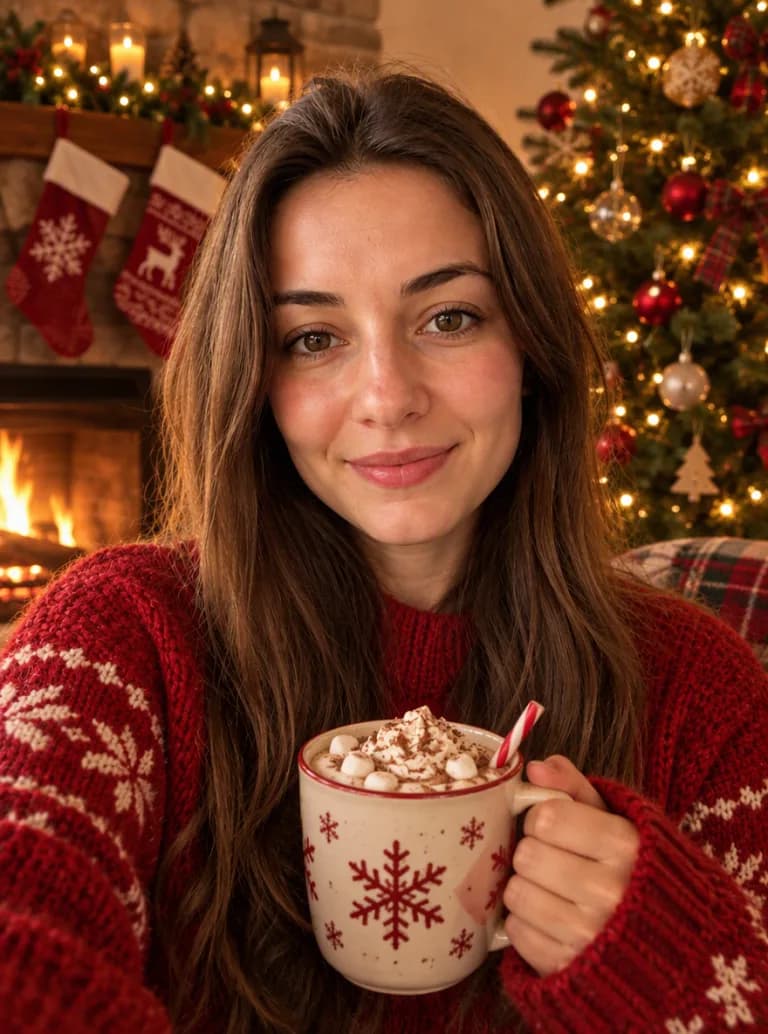 Same woman in a red knit sweater holding hot cocoa by a fireplace and Christmas tree