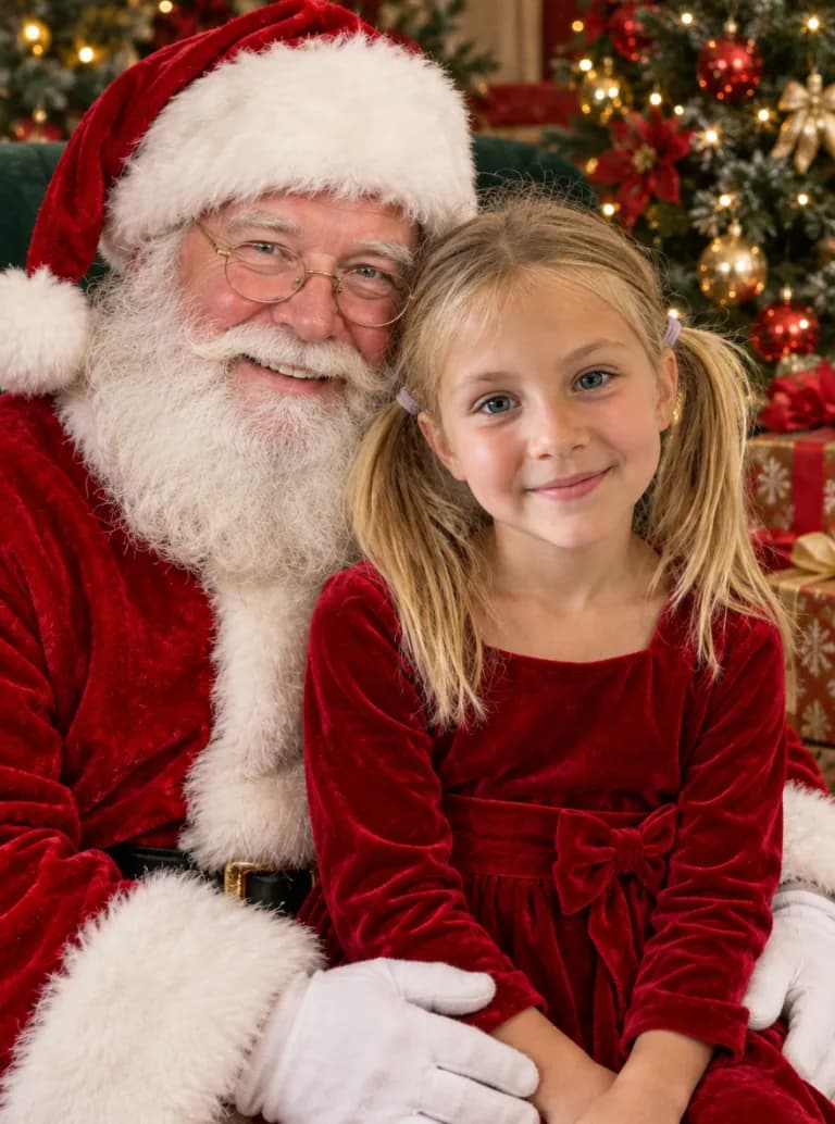 Same girl in a red holiday dress sitting on Santa's lap in front of a Christmas tree