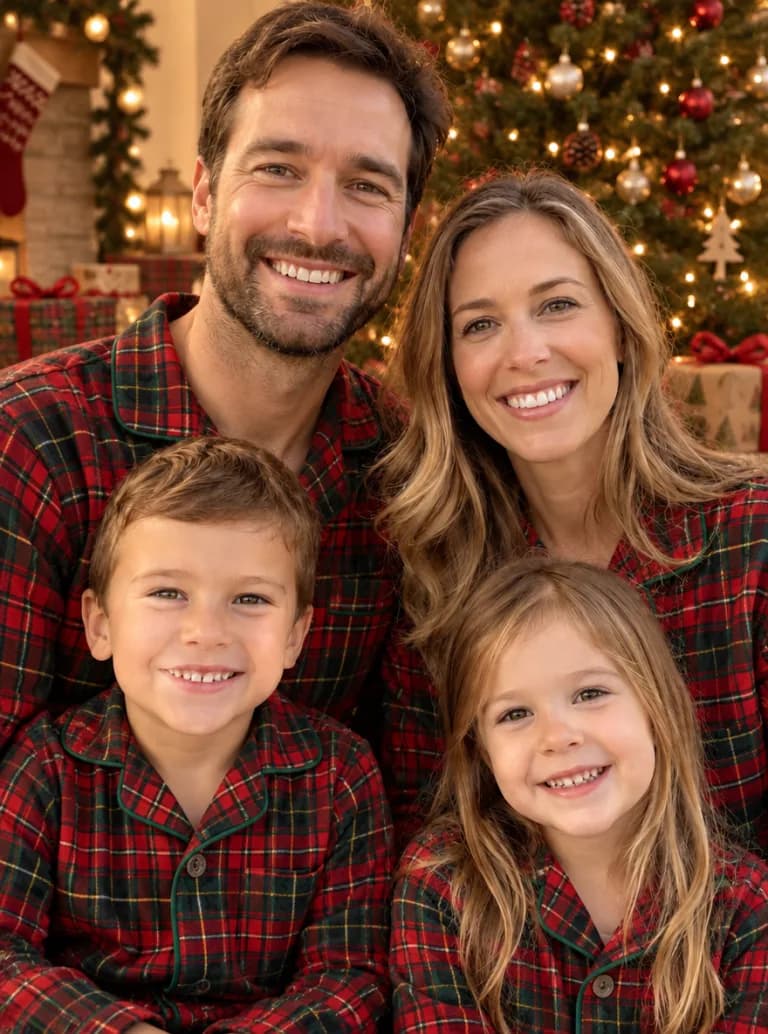 Same family in matching plaid Christmas pajamas in front of a lit tree