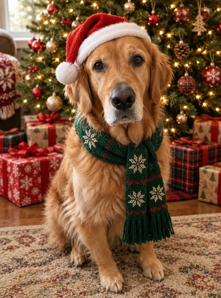 Same golden retriever in a Santa hat and green scarf in front of a Christmas tree
