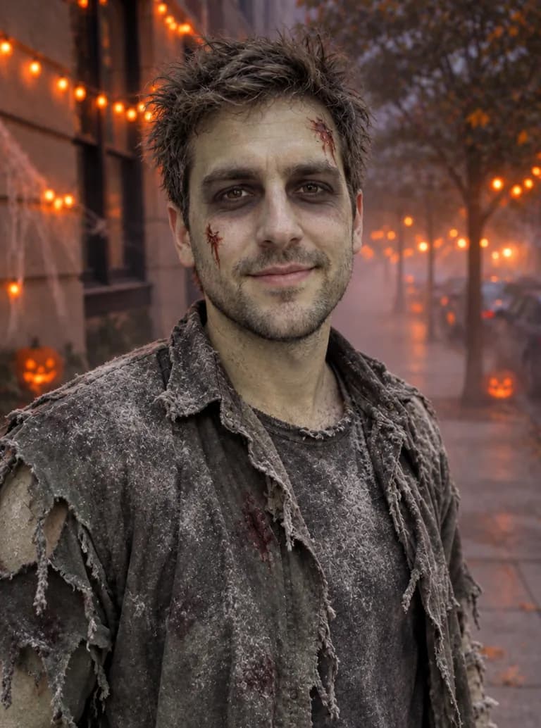 Same man in zombie costume with grey face paint and a ripped shirt on a foggy street
