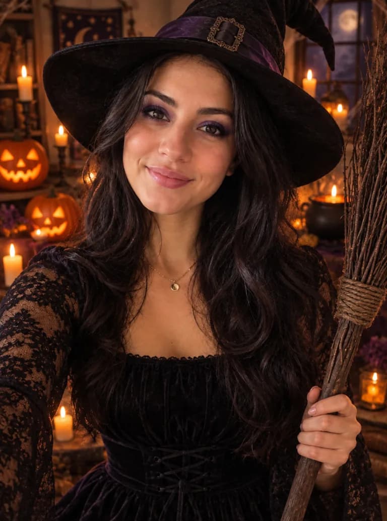 Same woman as a witch with a pointed hat, lace dress and broom among jack-o-lanterns