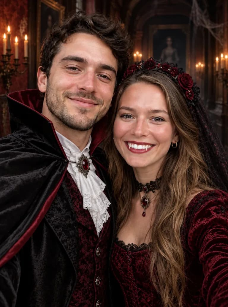 Same couple dressed as a vampire count and a gothic vampire bride in a haunted hallway