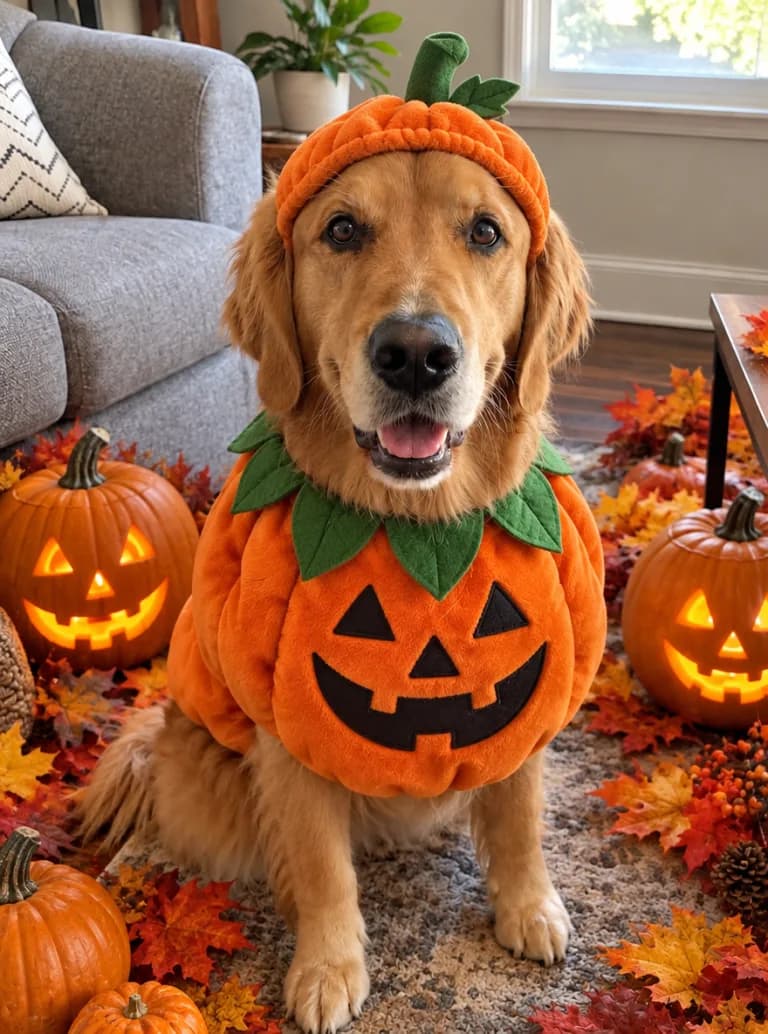 Same golden retriever in a pumpkin costume surrounded by jack-o-lanterns