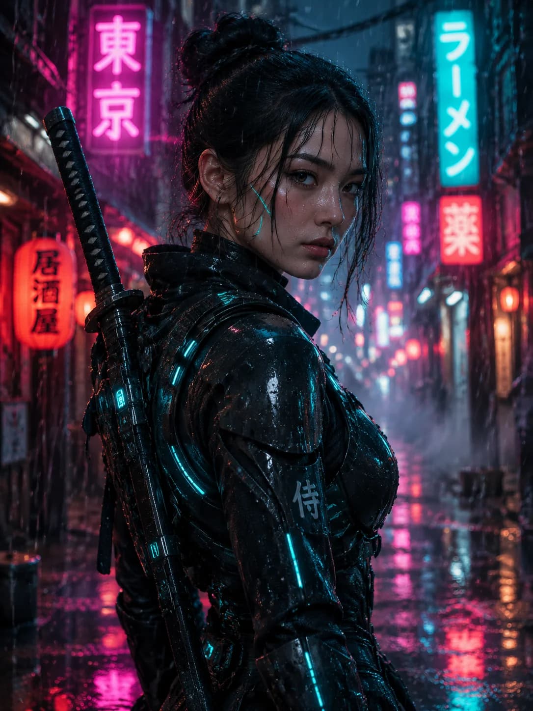 Un samurái cyberpunk en una ciudad iluminada con neón