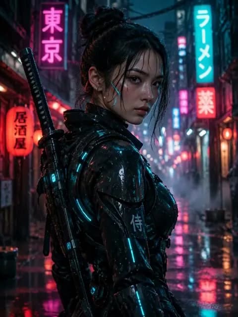 El retrato del samurái cyberpunk animado en un vídeo