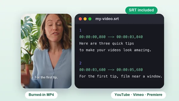 Automatically generated SRT subtitle file with timestamps