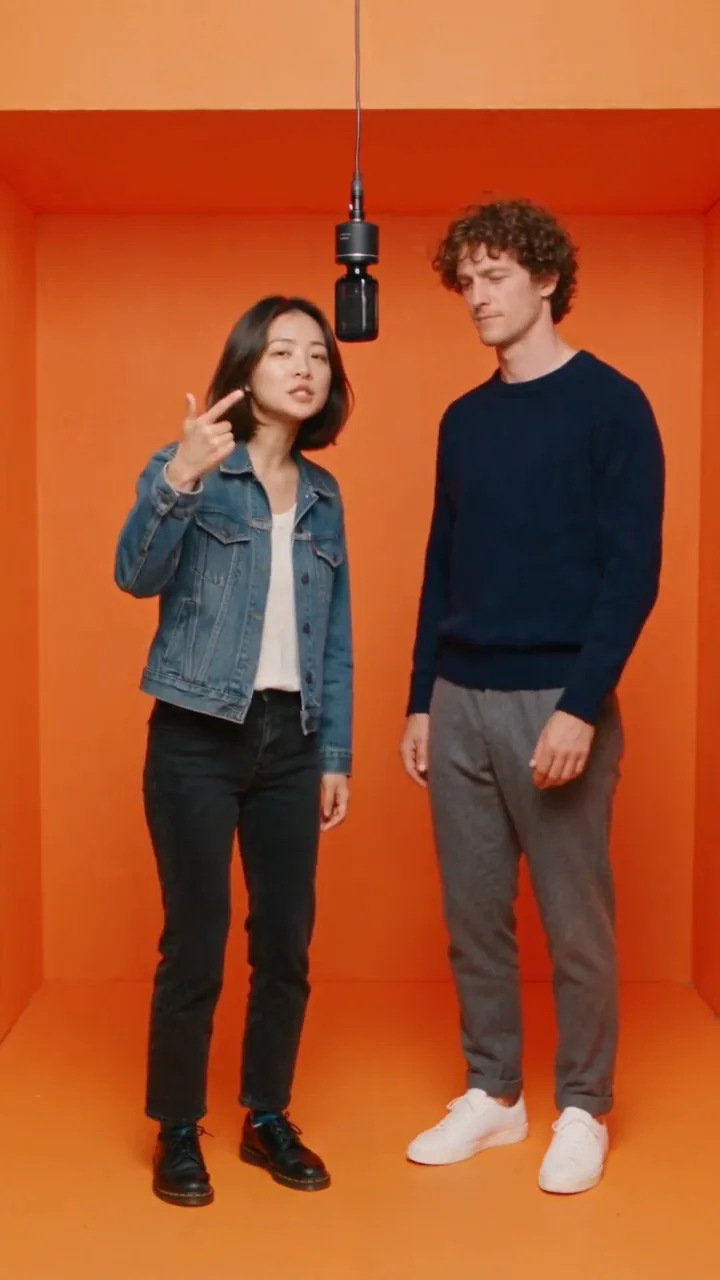 Hotel Lobby AI video of a couple trading rap verses at a hanging microphone in an orange studio