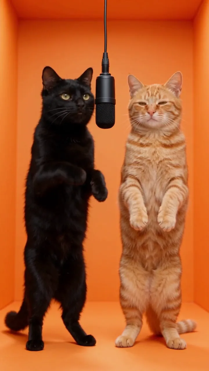 Hotel Lobby AI video of a black cat and an orange tabby cat rapping in the orange booth