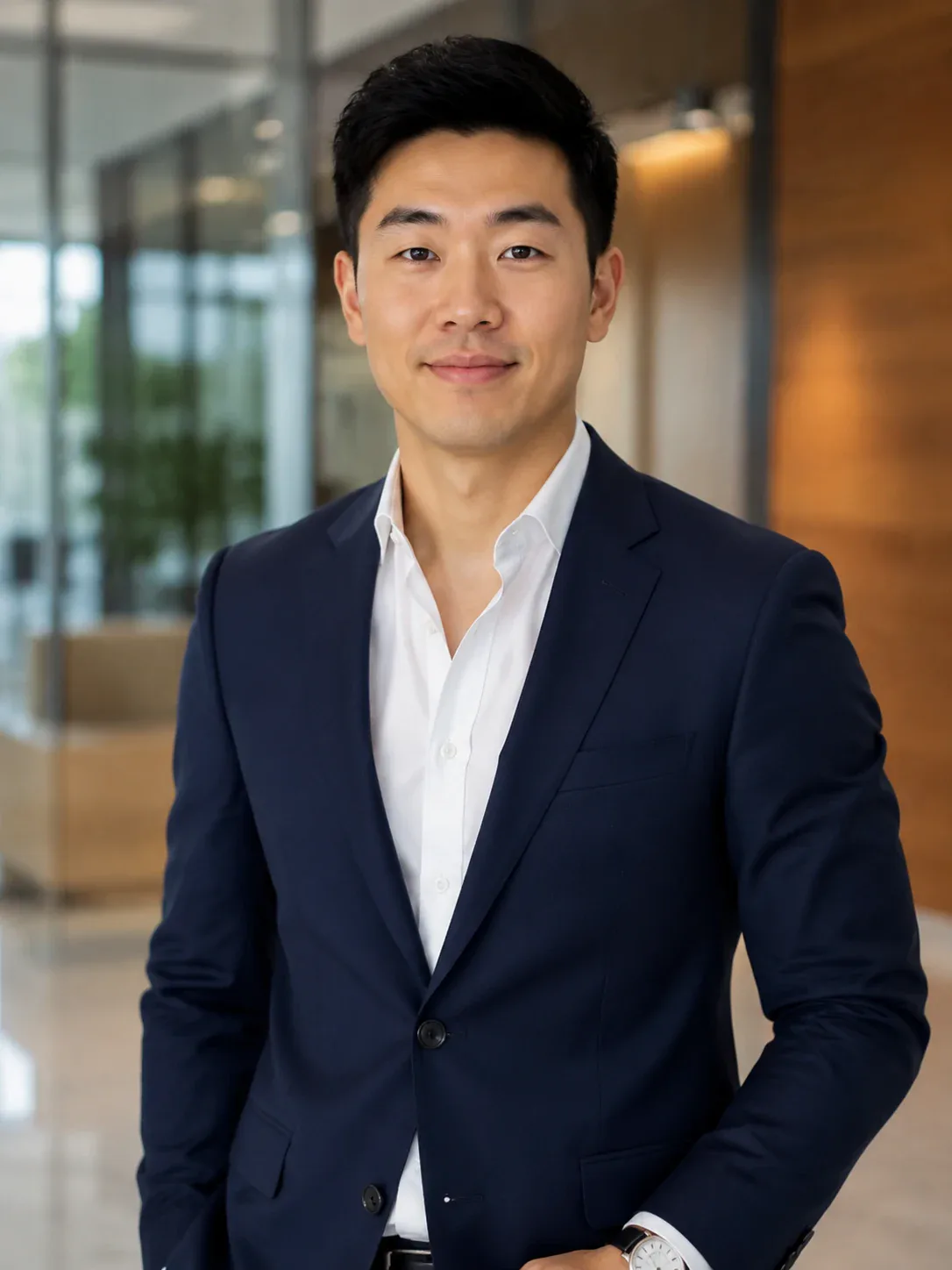Business headshot after AI gender swap with office background preserved
