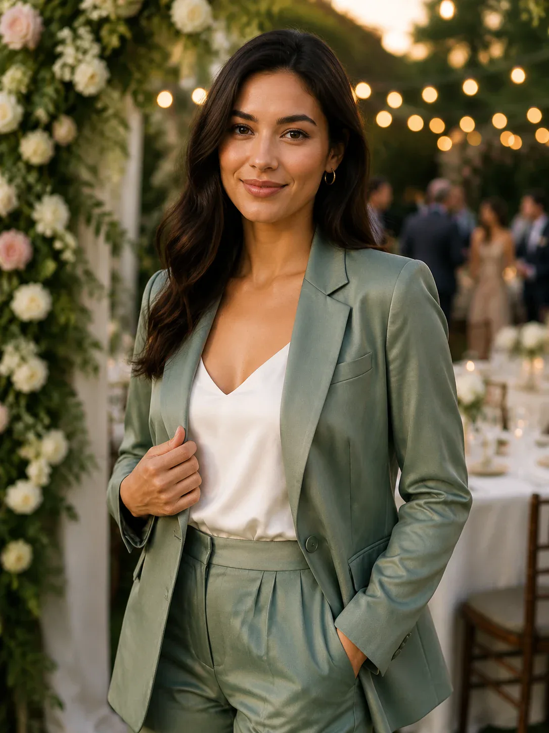 Formal event portrait after AI gender swap with outfit and background preserved