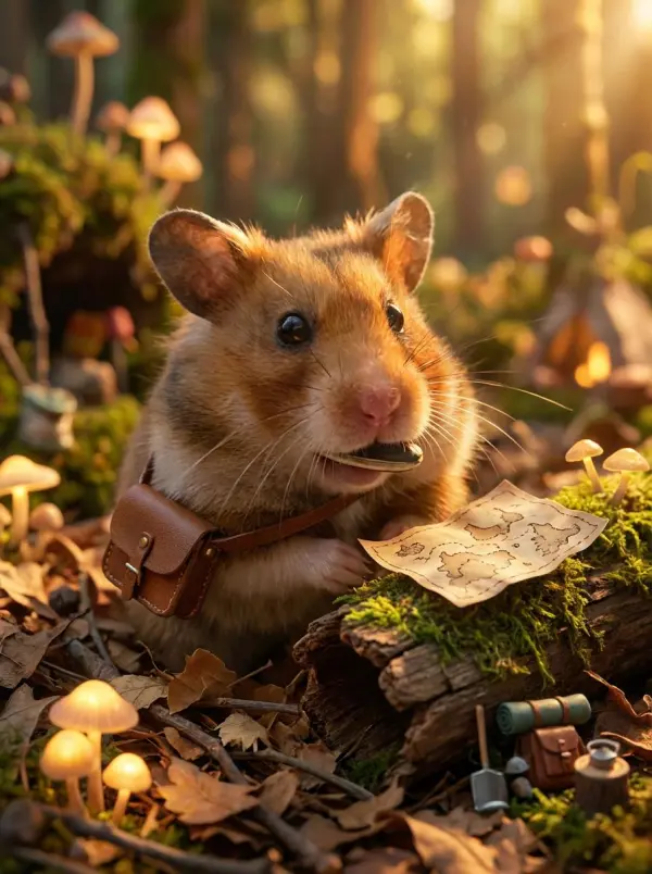 Same hamster rendered as a forest explorer in a cinematic storybook scene