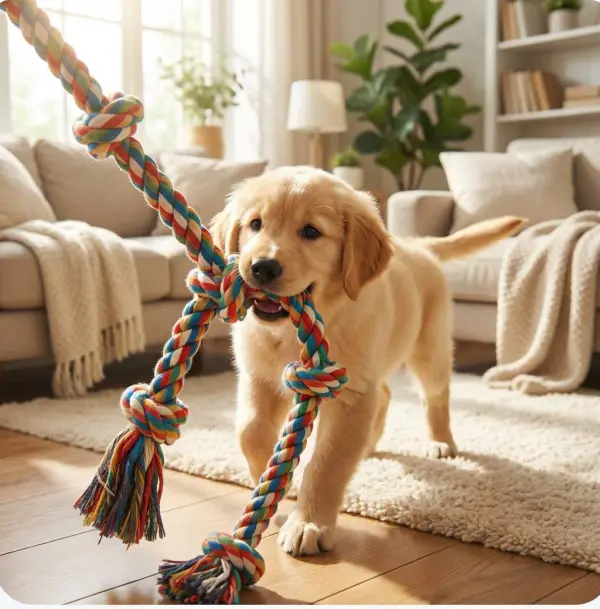 Same puppy rendered in a sunlit living room with a colorful rope toy
