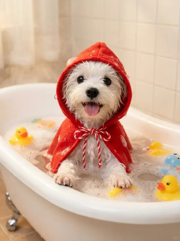 Same terrier rendered wearing a red riding hood in a fairy-tale scene