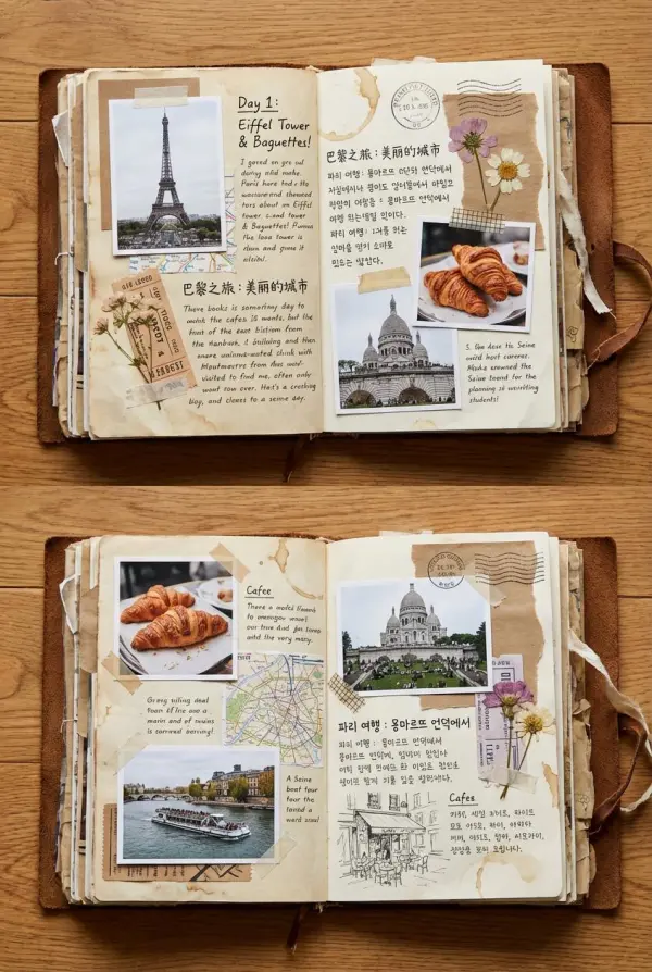 AI-generated travel journal collage poster with mixed-language text