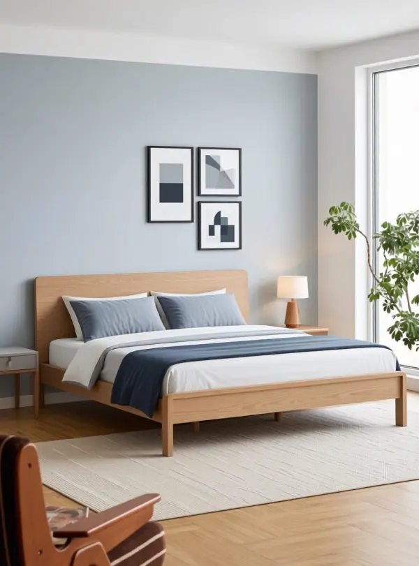 Same living room redesigned in a modern style with new furniture and palette