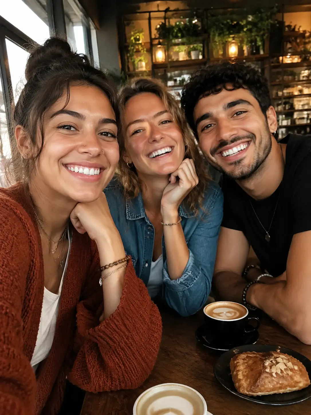Group cafe photo after AI smile filter with warmer expressions