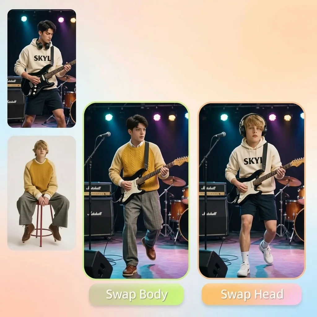 Body swap photos used for memes and social media content creation