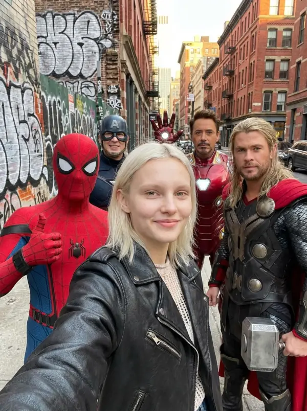 Same person in a side-by-side selfie with a famous on-screen icon