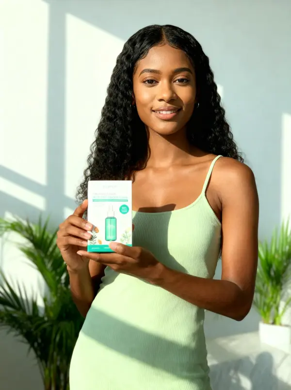 Result of plain-English pose prompt — confident pose holding the product