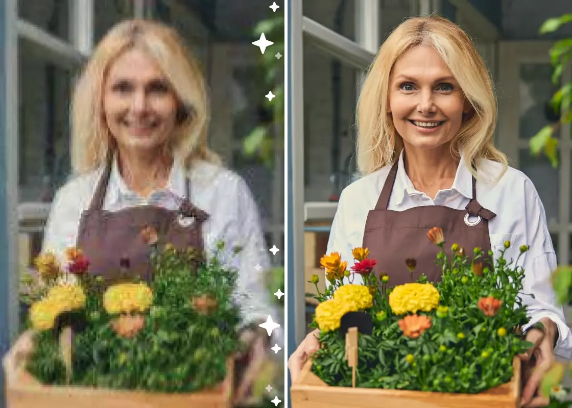 Portrait d'une femme tenant des fleurs — flou avant et net après amélioration IA