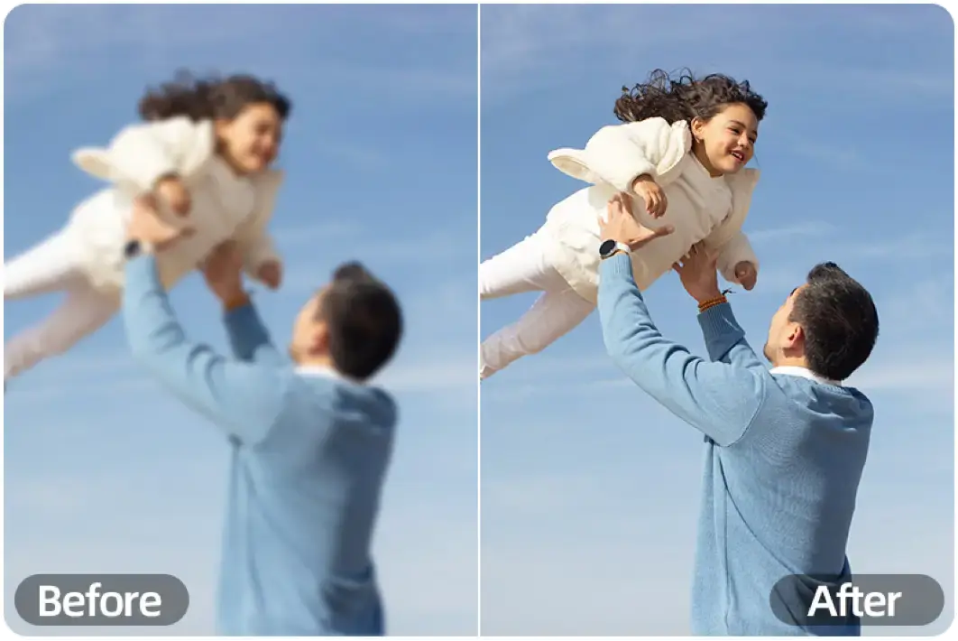 Père soulevant son enfant dans les airs — avant et après amélioration IA montrant les détails de mouvement nets