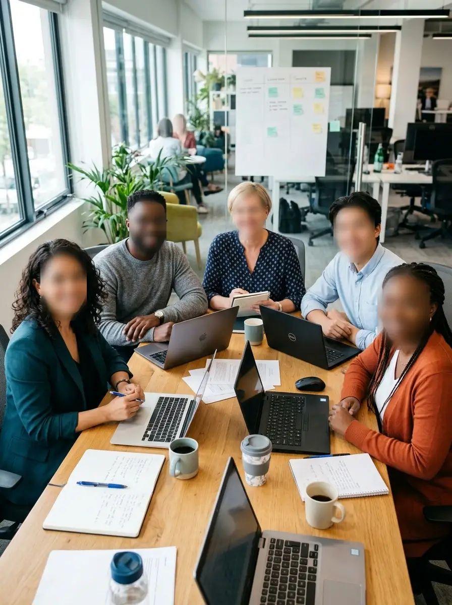 Office meeting photo after faces are blurred