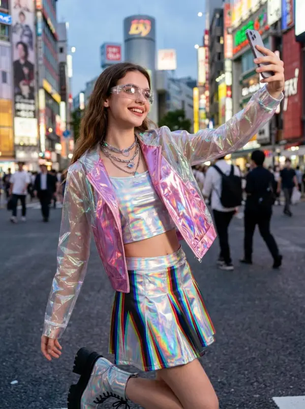 Same selfie restaged as a Harajuku cyberpunk editorial with PVC wardrobe and holographic lighting