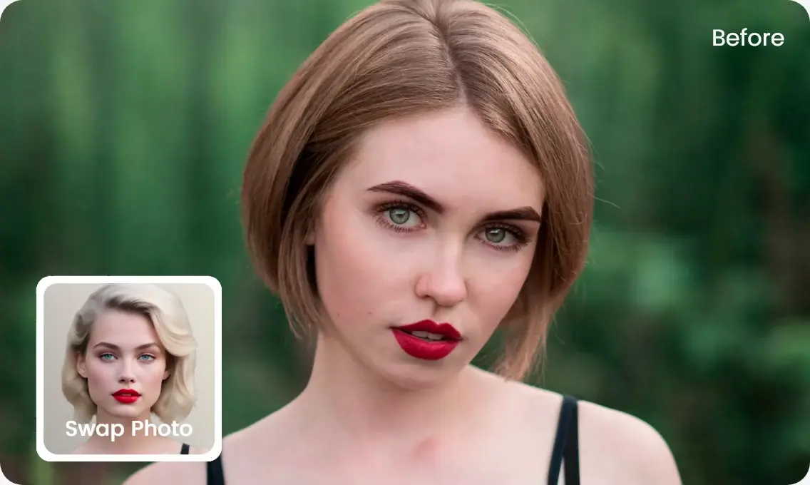 AI head swap before and after — complete head replacement with hair demonstration