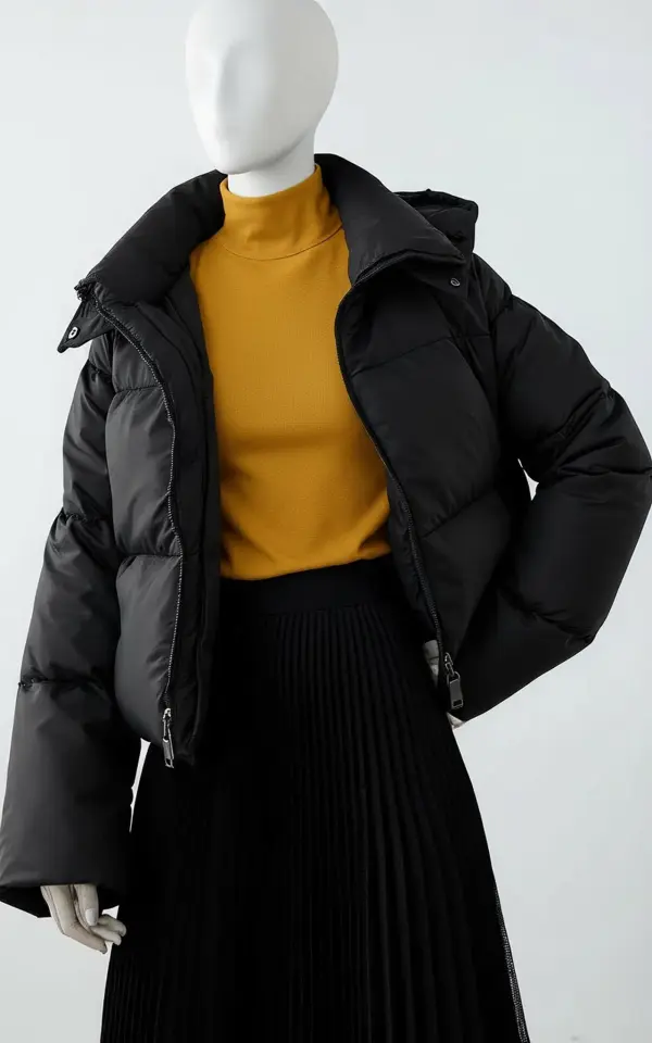 Same mannequin shot after AI recolor — only the inner knit sweater color changes, jacket and skirt preserved