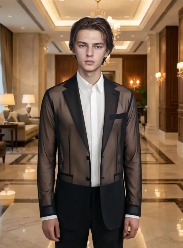 Same portrait with the upper-body fabric redrawn as sheer; face and pose unchanged