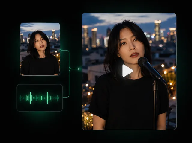 A song waveform and character reference leading to an AI music video performance